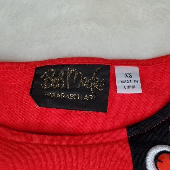 Bob Mackie Black & Red Colorblock Beaded Flower Blouse,  Sz XS - Picture 7 of 8